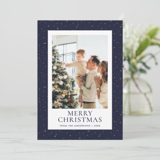 Cartes Pour Fêtes Annuelles Blue Gold Starry Night Photo Joyeux Noël (Debout devant)