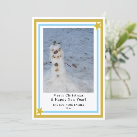Cartes Pour Fêtes Annuelles Blue Gold Stars Little Snowman INSERT PHOTO (Debout devant)