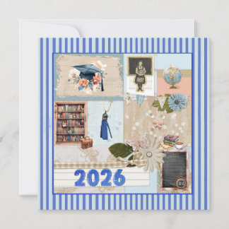 Cartes Pour Fêtes Annuelles Blue Grad 2026, Girl, Cap, Tassel, Bookcase, Globe