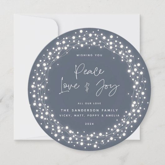 Cartes Pour Fêtes Annuelles Blue Grey Peace Love+Joy Script Éclairage (Devant)