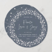 Cartes Pour Fêtes Annuelles Blue Grey Peace Love+Joy Script Éclairage (Devant / Derrière)