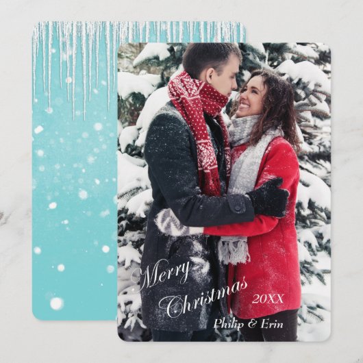 Cartes Pour Fêtes Annuelles Blue Icicle Neige Moderne Noël (Devant / Derrière)