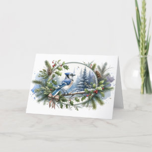 Cartes Pour Fêtes Annuelles Blue Jay Forest Holly Berries Evergreens Pinecones