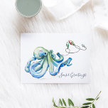 Cartes Pour Fêtes Annuelles Blue Octopus Watercolor Beach<br><div class="desc">This simple holiday card fea replica of my original painted watercolor octopus with a string of christmas lights in shades of ocean blue, red and green on a crisp background. The words seas and Greetings are set in a modern brush script typographiy. The inside feh a solid complimentary blue color...</div>