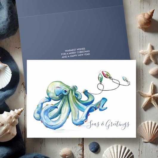 Cartes Pour Fêtes Annuelles Blue Octopus Watercolor Beach