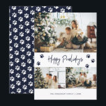 Cartes Pour Fêtes Annuelles Blue Pet Owner Photo Happy Pawlidays Card<br><div class="desc">Photo moderne bleu Happy Pawlidays carte avec trois photos avec un message de voeux de vacances écrit à la main sur le devant et un arrière - plan bleu avec chute de neige et empreintes de pattes à l'arrière. Personnalisez facilement cette carte bleue de vacances avec vos photos, votre nom...</div>