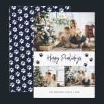 Cartes Pour Fêtes Annuelles Blue Pet Owner Photo Happy Pawlidays Card<br><div class="desc">Photo moderne bleu Happy Pawlidays carte avec trois photos avec un message de voeux de vacances écrit à la main sur le devant et un arrière - plan bleu avec chute de neige et empreintes de pattes à l'arrière. Personnalisez facilement cette carte bleue de vacances avec vos photos, votre nom...</div>