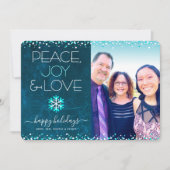 Cartes Pour Fêtes Annuelles Blue Photo Peace Jove Love Script Fléau de neige M (Devant)