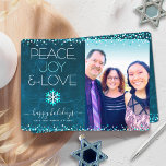 Cartes Pour Fêtes Annuelles Blue Photo Peace Jove Love Script Fléau de neige M<br><div class="desc">"Paix, joie et amour." Une illustration ludique, ludique, flocon de neige et typographie moderne sur un arrière - plan d'aquarelle en marbre bleu turquoise et riche vous aide à ouvrir la saison des fêtes, avec la photo personnalisée de votre choix. Faux feuille turquoise et points confettis blancs encadrent la carte....</div>