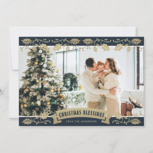 Cartes Pour Fêtes Annuelles Blue Religious Holly Photo Bénédictions de Noël