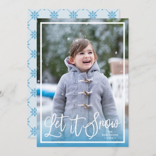 Cartes Pour Fêtes Annuelles Blue Script Let it Snow Holiday Photo (Devant / Derrière)