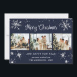 Cartes Pour Fêtes Annuelles Blue Silver Sparkly Snowflake Photo Collage<br><div class="desc">Joli collage photo bleu Joyeux Noël et Bonne Année carte avec des flocons de neige et des étoiles sur le devant et la chute de neige à l'arrière. Personnalisez facilement cette carte de vacances élégante avec vos photos et texte.</div>
