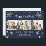 Cartes Pour Fêtes Annuelles Blue Silver Sparkly Snowflake Photo Collage<br><div class="desc">Joli collage photo bleu Joyeux Noël et Bonne Année carte avec des flocons de neige et des étoiles sur le devant et la chute de neige à l'arrière. Personnalisez facilement cette carte de vacances élégante avec vos photos et texte.</div>