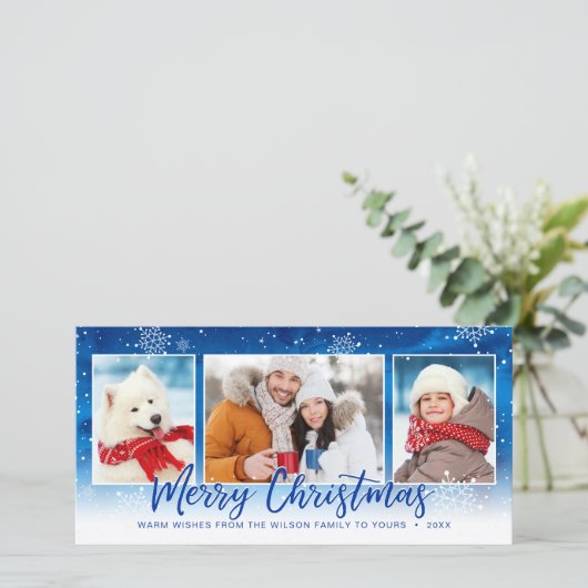Cartes Pour Fêtes Annuelles Blue Snowflake 3 Photo Joyeux Noël (Debout devant)