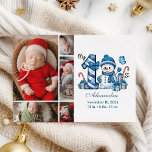 Cartes Pour Fêtes Annuelles Blue Snowman 5 Photo Premier Noël<br><div class="desc">Célébrez la première saison de vacances de votre petit avec ce design hivernal gai avec un numéro de plaid bleu, un bonhomme de neige adorable, des sucres de canne et des cadeaux épars. Customisez-le avec la photo et les détails de naissance de votre bébé pour créer un souvenir qui apporte...</div>