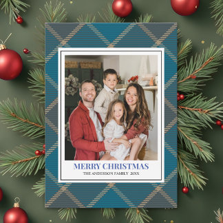 Cartes Pour Fêtes Annuelles Blue Tartan Plaid with Christmas Family Photo
