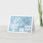 Cartes Pour Fêtes Annuelles Blue & White Happy Hanukkah Collage Photo Inside<br><div class="desc">This beautiful card is the perfect way to wish your friends and family a Happy Hanukkah. Features a fun collage with a menorah, dreidel, and several stars of David on a pale blue background with bokeh or soft focus lights. The lettering is an elegant lacy script font. Inside there is...</div>