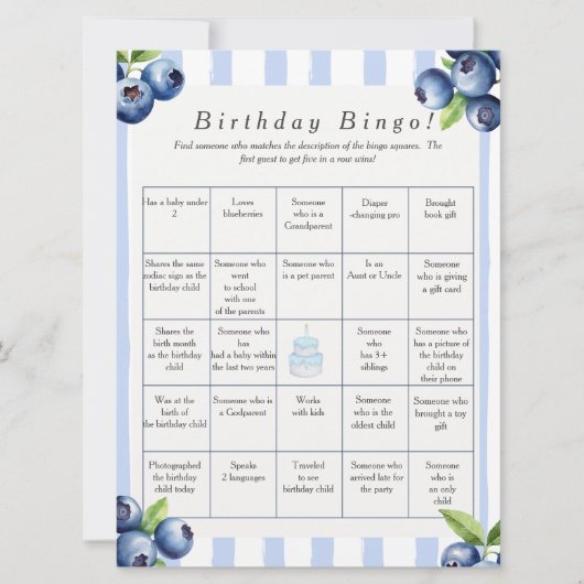 Cartes Pour Fêtes Annuelles Blueberry Birthday Find Guest Bingo game card (Devant)