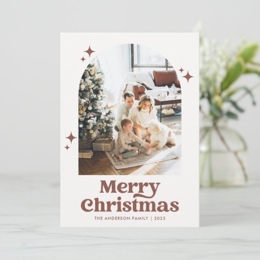 Cartes Pour Fêtes Annuelles Boho Arch Joyeux Noël Photo Terracotta (Debout devant)