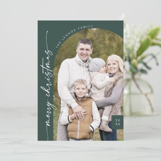 Cartes Pour Fêtes Annuelles Boho Chic Dark Green Photo moderne Joyeux Noël (Debout devant)