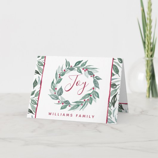 Cartes Pour Fêtes Annuelles Boho Joy Greenery Wreath Red Berries Nom de famill (Devant)