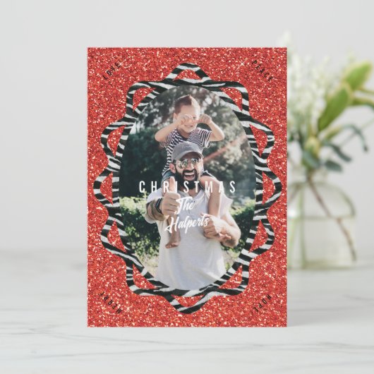 Cartes Pour Fêtes Annuelles Boho Parties scintillant & Zebra Imprimer Oval Pho (Debout devant)