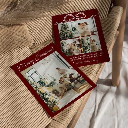 Cartes Pour Fêtes Annuelles Boho Red Maroon Photo Ribbon Noël élégant
