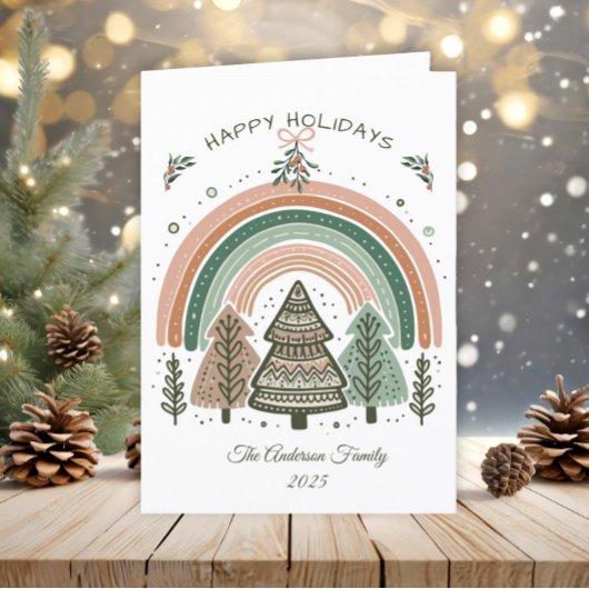 Cartes Pour Fêtes Annuelles Boho rustique Terracotta Arbres Arc-en-ciel Noël