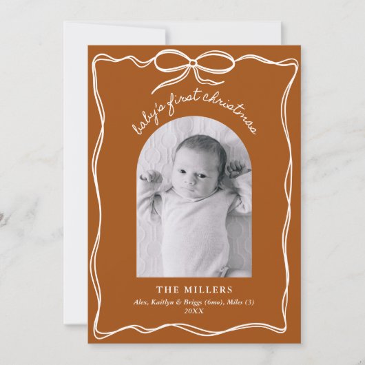 Cartes Pour Fêtes Annuelles Boho Terracotta Baby's 1st Christmas Bow Photo (Devant)