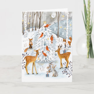 Cartes Pour Fêtes Annuelles Bois bleu & blanc Arbre et animaux Forêt