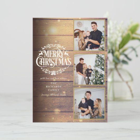 Cartes Pour Fêtes Annuelles Bois Rustique 3 Cadre Photo Joyeux Noël (Debout devant)