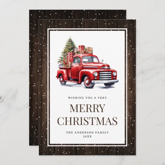 Cartes Pour Fêtes Annuelles Bois rustique Aquarelle Camion rouge Arbre de Noël (Devant / Derrière)