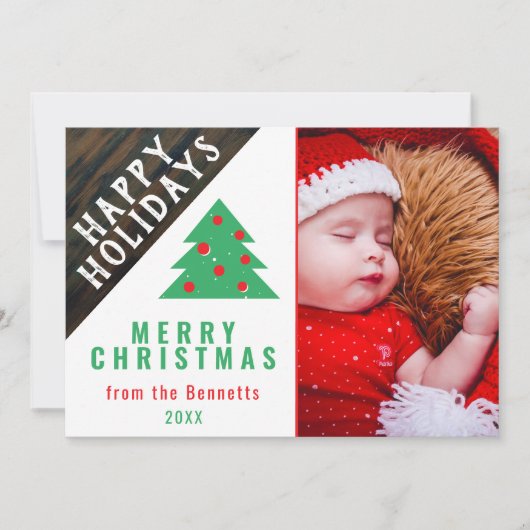 Cartes Pour Fêtes Annuelles Bois rustique Rouge Vert sapin de Noël Photo de fa (Devant)
