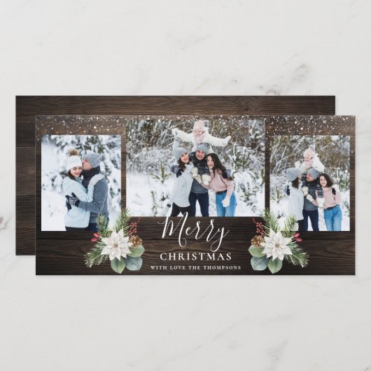 Cartes Pour Fêtes Annuelles Bois rustique Script moderne Joyeux Noël 3 Photos (Devant / Derrière)