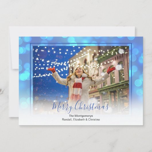 Cartes Pour Fêtes Annuelles Bokeh bleu et photo de Noël encadrée bleue (Devant)