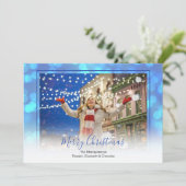 Cartes Pour Fêtes Annuelles Bokeh bleu et photo de Noël encadrée bleue (Debout devant)