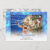 Cartes Pour Fêtes Annuelles Bokeh bleu et photo de Noël encadrée bleue (Devant / Derrière)