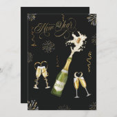 Cartes Pour Fêtes Annuelles Bon Nouvel An Gold Champagne Noir Feu d'artifice (Devant / Derrière)