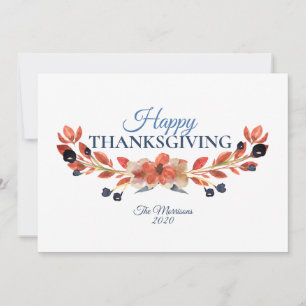 Cartes Pour Fêtes Annuelles Bon thanksgiving Bleu Brown Floral Aquarelle