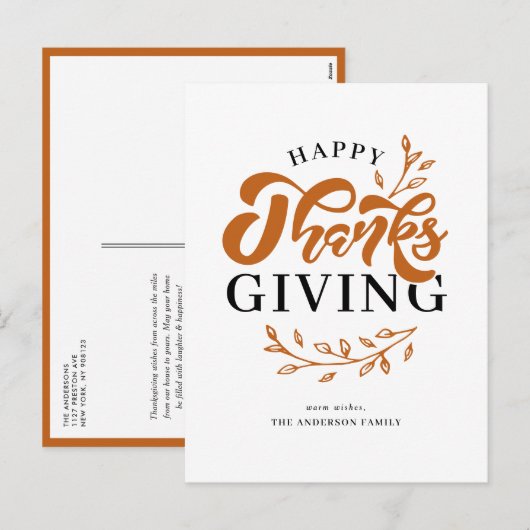 Cartes Pour Fêtes Annuelles Bon thanksgiving de couronne de feuillage orange (Devant / Derrière)