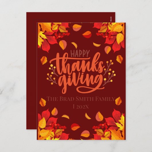 Cartes Pour Fêtes Annuelles Bon thanksgiving de feuilles d'automne moderne sim (Devant / Derrière)