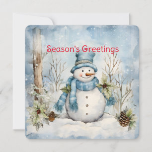 Cartes Pour Fêtes Annuelles Bonhomme de neige bleu pastel Cônes de pin Houx Sc
