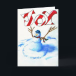 Cartes Pour Fêtes Annuelles Bonhomme de neige de joie<br><div class="desc">Ceci a provenu d'un dessin noir et blanc que j'ai fait il y a plusieurs années. J'ai été inspiré conception par de Calvin et de Hobbes art des bonhommes de neige dans les présentations horizontales sur microfilm. J'ai décidé de faire une version colorée du dessin et l'ai peint en acryliques...</div>