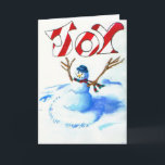 Cartes Pour Fêtes Annuelles Bonhomme de neige de joie<br><div class="desc">Ceci a provenu d'un dessin noir et blanc que j'ai fait il y a plusieurs années. J'ai été inspiré conception par de Calvin et de Hobbes art des bonhommes de neige dans les présentations horizontales sur microfilm. J'ai décidé de faire une version colorée du dessin et l'ai peint en acryliques...</div>