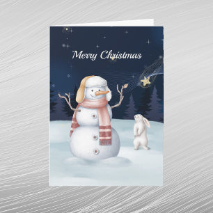 Cartes Pour Fêtes Annuelles Bonhomme de neige de Noël Lapin Étoile Aquarelle N
