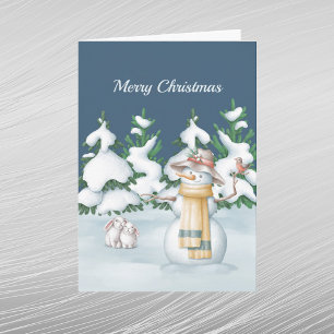 Cartes Pour Fêtes Annuelles Bonhomme de neige de Noël Lapins Arbres Neige Aqua