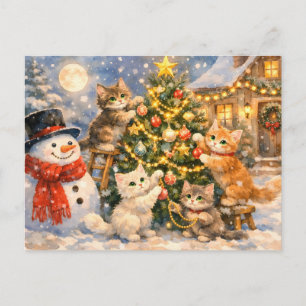 Cartes Pour Fêtes Annuelles Bonhomme de neige et chatons décorant l'arbre de N