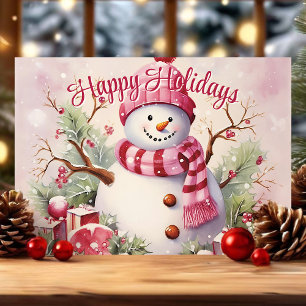 Cartes Pour Fêtes Annuelles Bonhomme de neige joyeux avec une écharpe rose