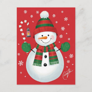 Cartes Pour Fêtes Annuelles Bonhomme de neige joyeux Écharpe à carreaux rouge