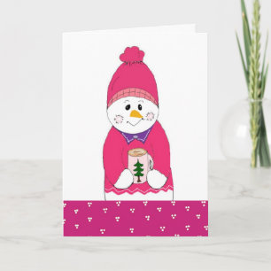 Cartes Pour Fêtes Annuelles Bonhomme de neige rose givré avec chocolat chaud